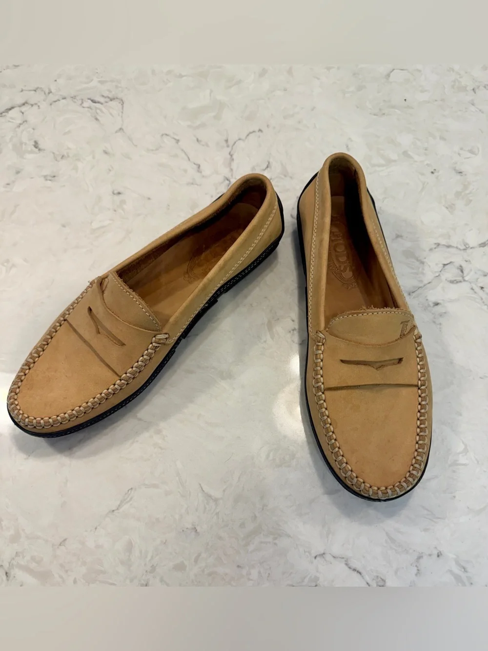 Tod's Beige Suede Penny Loafers